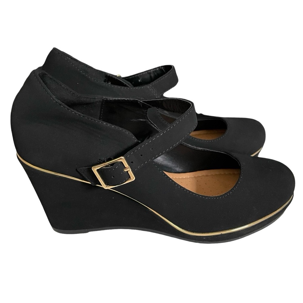 Andiamo Black Velvety & Gold Rimmed Mary Jane Wedges Size 6.5 3” Heel AClaudia - Picture 3 of 8